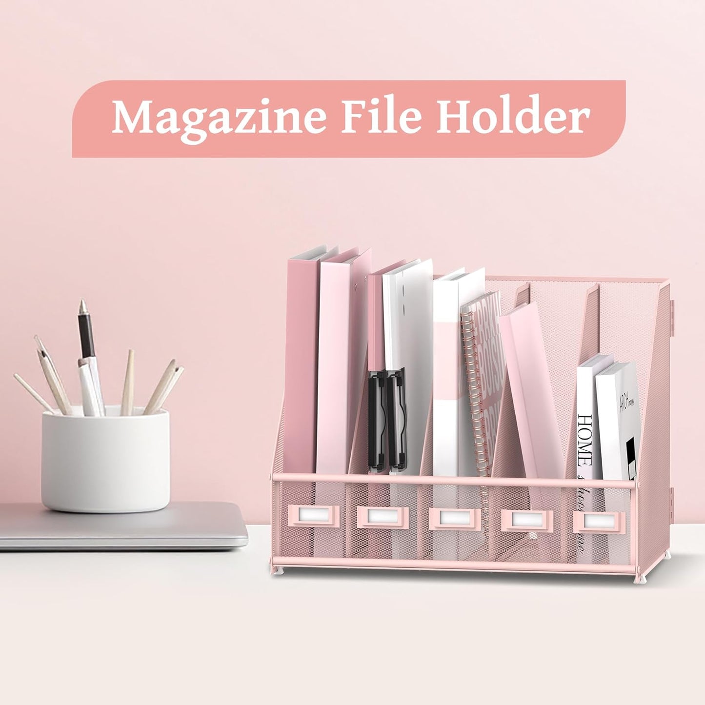 SUPEASY Desk Organizers Metal Desk Magazine File Holder with 5 Vertical Compartments Rack File Organizer for Office Desktop, Classroom, Home Workspace, Black