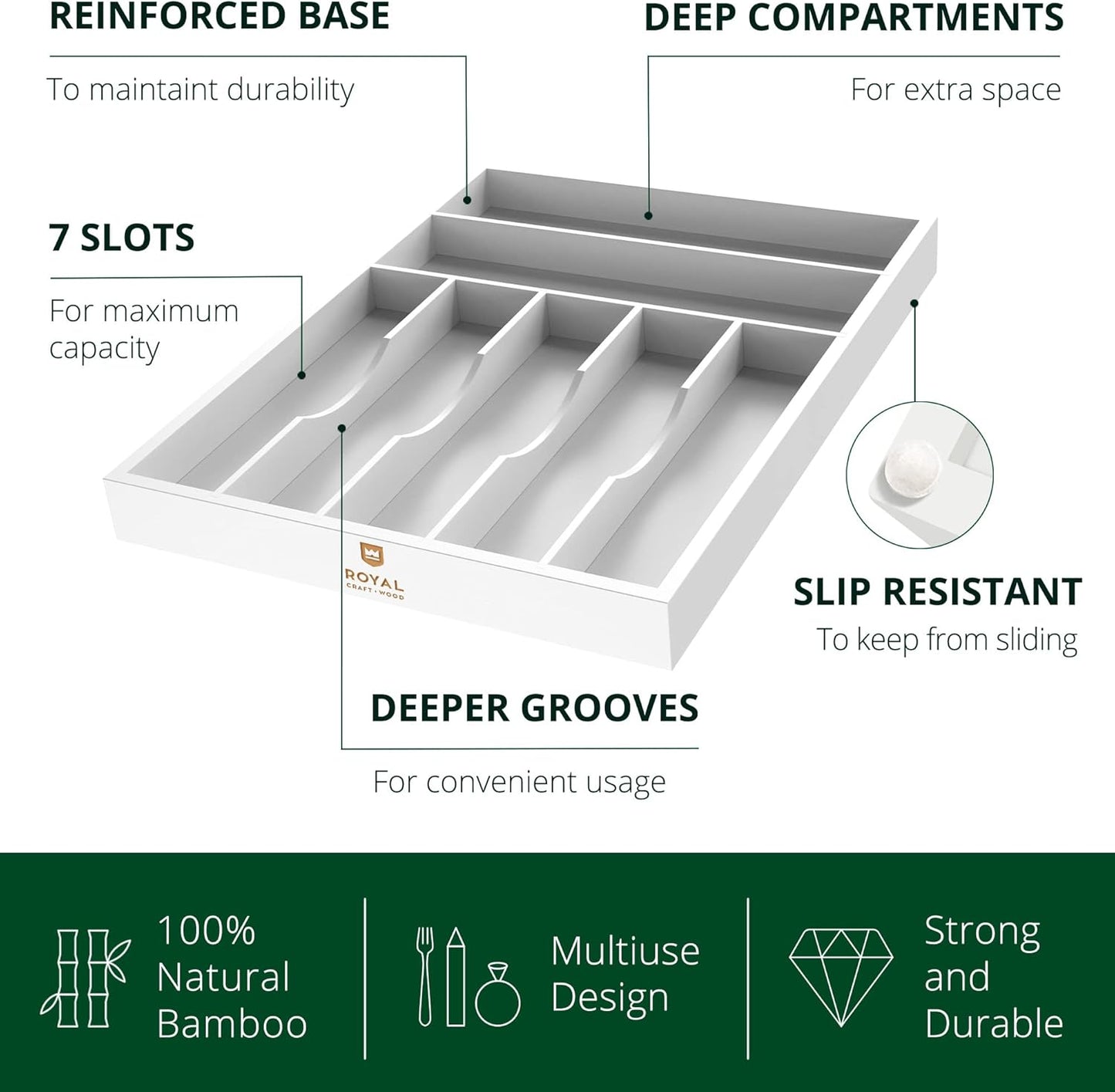 ROYAL CRAFT WOOD Luxury Bamboo Kitchen Drawer Organizer - Silverware Organizer, Utensil Holder & Cutlery Tray Drawer Dividers for Flatware (9 Slot, Natural)