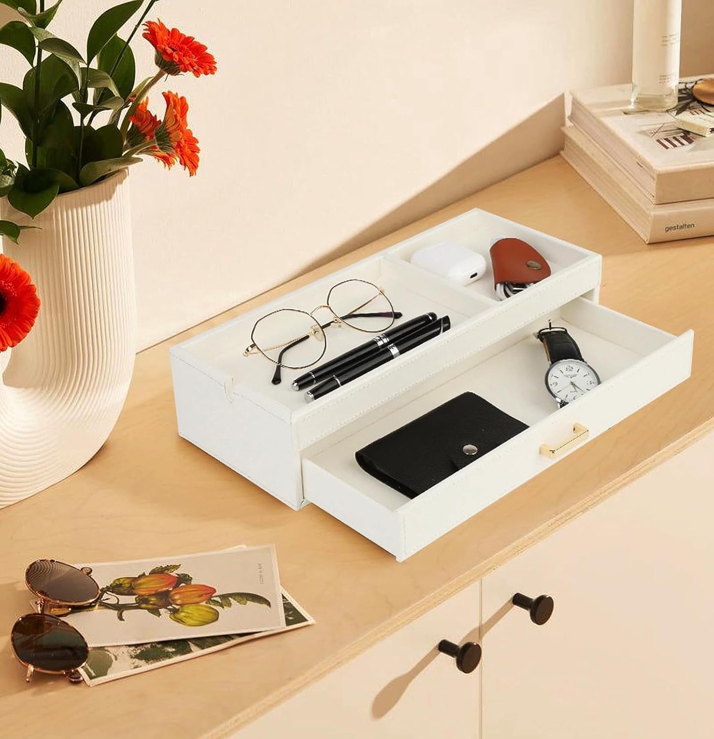 HofferRuffer Valet Jewelry Tray Organizer with Drawer, Faux Leather Storage Catchall Box Phone Charging Station Tray with Dresser Nightstand Desktop Drawer Organizer (Black)