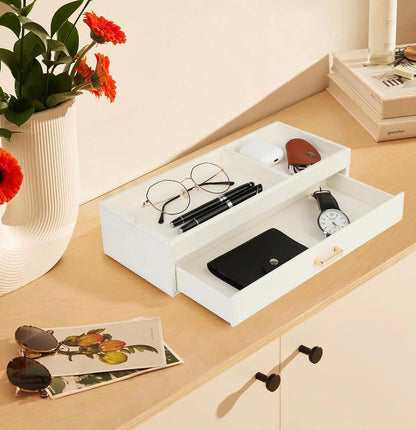 HofferRuffer Valet Jewelry Tray Organizer with Drawer, Faux Leather Storage Catchall Box Phone Charging Station Tray with Dresser Nightstand Desktop Drawer Organizer (Black)