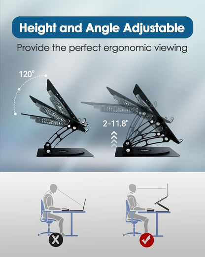 SHUWEI Laptop Cooling Stand with 3 Speed Fan, Adjustable Height Laptop Stand for Desk, Ergonimic Aluminum Laptop Cooling Pad for 10-15'' Notebook - Black