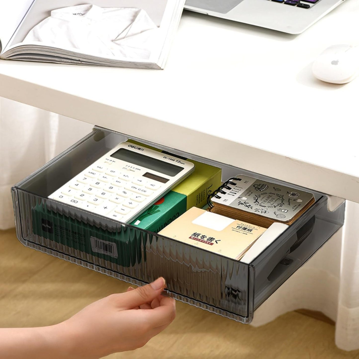 Under Desk Organizer - Stick On Fluted Translucent Desk Drawer Attachment, Slide Out Under Desk Storage for Office & Home (WHITE, SMALL)