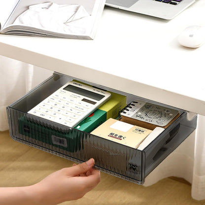 Under Desk Organizer - Stick On Fluted Translucent Desk Drawer Attachment, Slide Out Under Desk Storage for Office & Home (WHITE, SMALL)