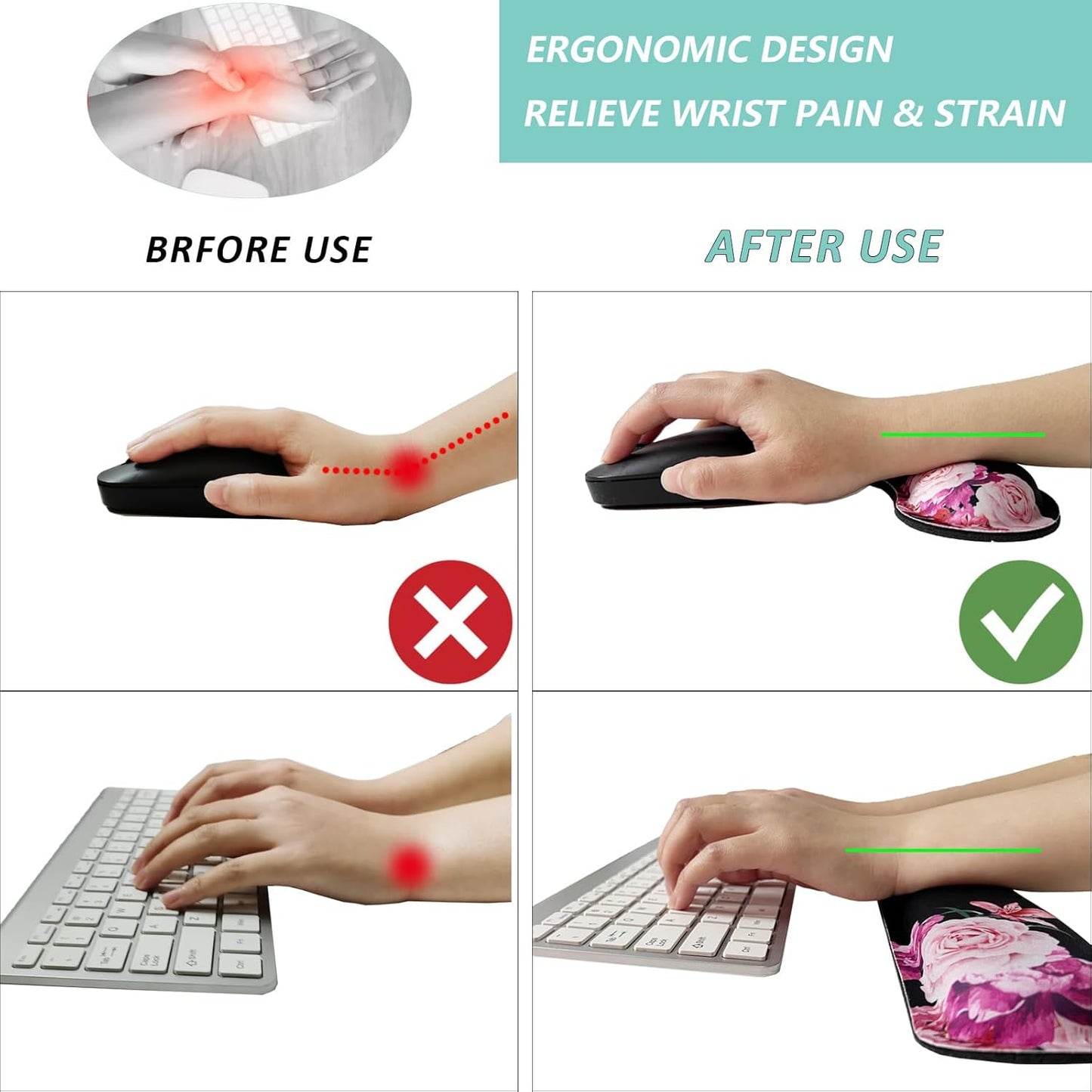Keyboard Wrist Rest Mouse Wrist Support Set, Memory Foam Wrist Rest Pad for Computer Laptop Keyboard Mouse, Ergonomic Wrist Cushion Support for Typing Pain Relief, Gaming Home Office, Purple