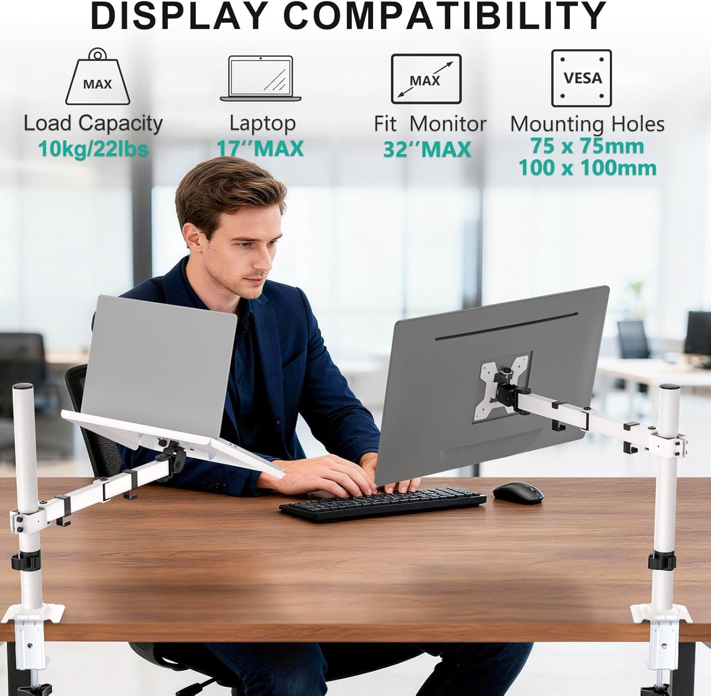 WALI Laptop Desk Mount for 17 inch Notebook, Adjustable Single Monitor Arm with Laptop Holder for 32 inch Screen, Laptops Stand with Ventilated Tray, Up to 22 lbs, (M00LP), Black
