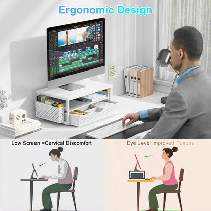 gianotter Wood Monitor Stand Riser, Office Desk Shelf Organizer, Desk Organizer with Drawer and Pen Holder, 2-Tier Computer Stand, Office Organization (Ink)
