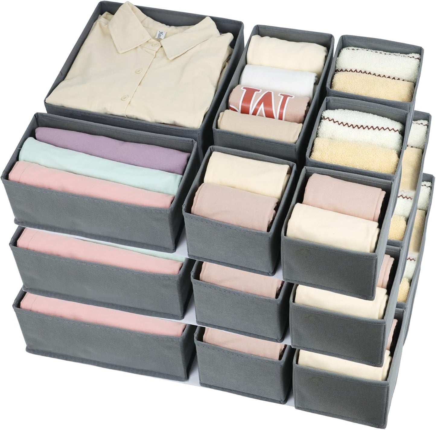 Fordonral 12 Pack Drawer Organizer Clothes, Foldable Fabric Dresser Organizer Closet Organizers and Storage Box for Underwear,Folded Clothes,Baby Clothing,Socks,Bra,Towels,Ties(12 Pack,Gray)