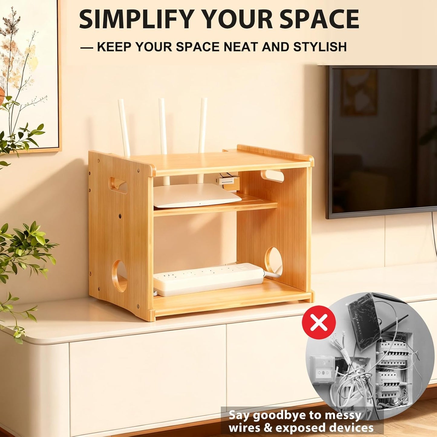 Fullin Upgrade WiFi Router Storage Box Hider, Large Capacity Projector Shelf, Wall Mount or Desktop Cable Management Box, Bamboo Modem Organizer Power Strip Hider Rack Need Assembly