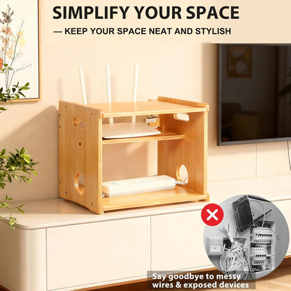 Fullin Upgrade WiFi Router Storage Box Hider, Large Capacity Projector Shelf, Wall Mount or Desktop Cable Management Box, Bamboo Modem Organizer Power Strip Hider Rack Need Assembly