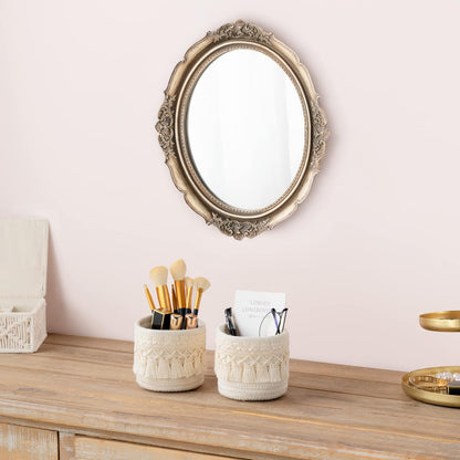 Mkono Macrame Makeup Brush Holder Organizer Comb Brushes Mini Storage Basket Set of 2 Boho Decor Baskets for Pen Pencil Box Container ,Ivory