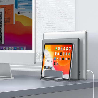OMOTON Vertical Laptop Stand [Updated 3-Slots Version], Desktop Aluminum Mac Book Stand with Adjustable Dock Size, Fits All Mac Book, Chrome Book and Gaming Laptops (Up to 17.3 inch), Starlight