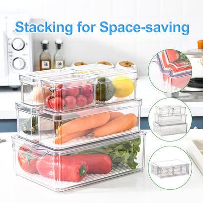 KUMD 10-Pack Clear Fridge Organizer Bins with Lids, Stackable Refrigerator Storage Containers, BPA-Free with Drain Tray & Anti-Slip Base for Fruits, Veggies, Drinks
