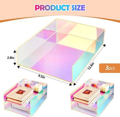 Suzile 3 Pcs Iridescent Acrylic Letter Organizer 12.6 x 9.5 x 2.8 Inches Stackable Iridescent Acrylic Letter Tray Paper Tray for Desk File Document Folder Notebooks Stationery Office Accessories