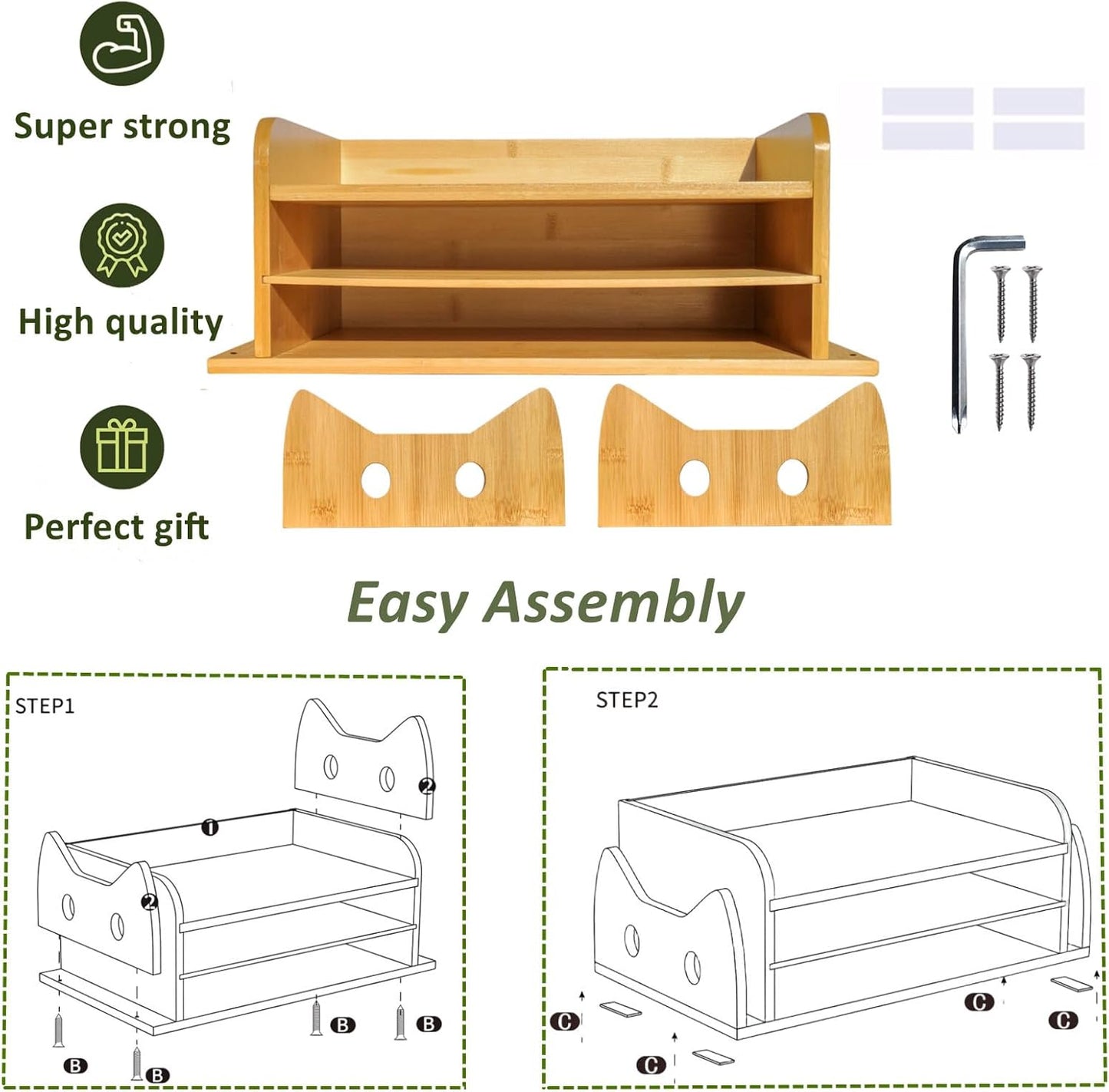 ZOOFOX 3-Tier Paper Letter Tray, Wood Letter File Folder Holder with 3 Trays and 2 Vertical Section, Cute Cat-Shaped Paper Tray for Home Office School
