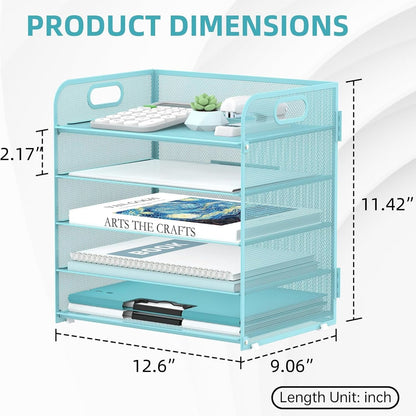 Supeasy 5 Trays Paper Organizer Letter Tray with Handle-Mesh Desk File Holders, Paper Sorter Desk Organizer for Office, Home, Classroom or School, White