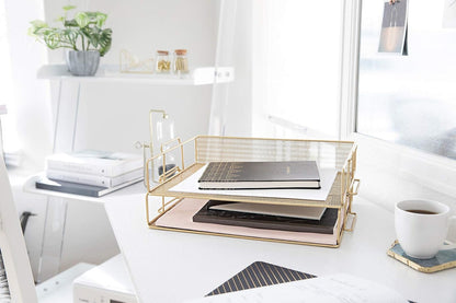 BLU MONACO | Paper Tray Stackable Gold Mesh Set of 2 | Stackable File Trays for Desk Organization | Tiered Desk Organizer with Metal Letter Trays