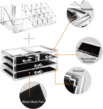 Ikee Design Acrylic Makeup Organizer with 4 Drawers and Removable Top Lipstick Holders, Ideal for Make-up or Accessories,Enhance Your Vanity or Bathroom with Clear Design for Quick Visibility