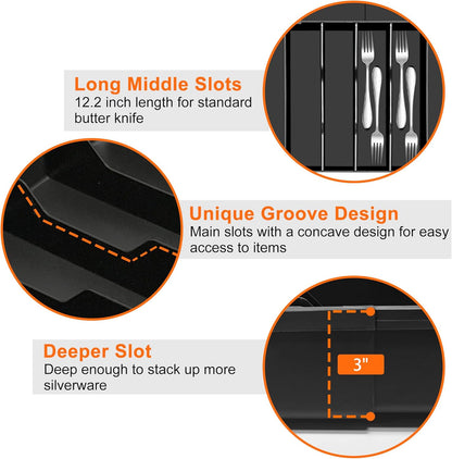 Spaclear Silverware Organizer - Expandable Kitchen Drawer Organizer, Utensil Drawer Organizer, Adjustable Plastic Flatware and Cutlery Holder, Kitchen Organizers Storage for Forks Knives, Black