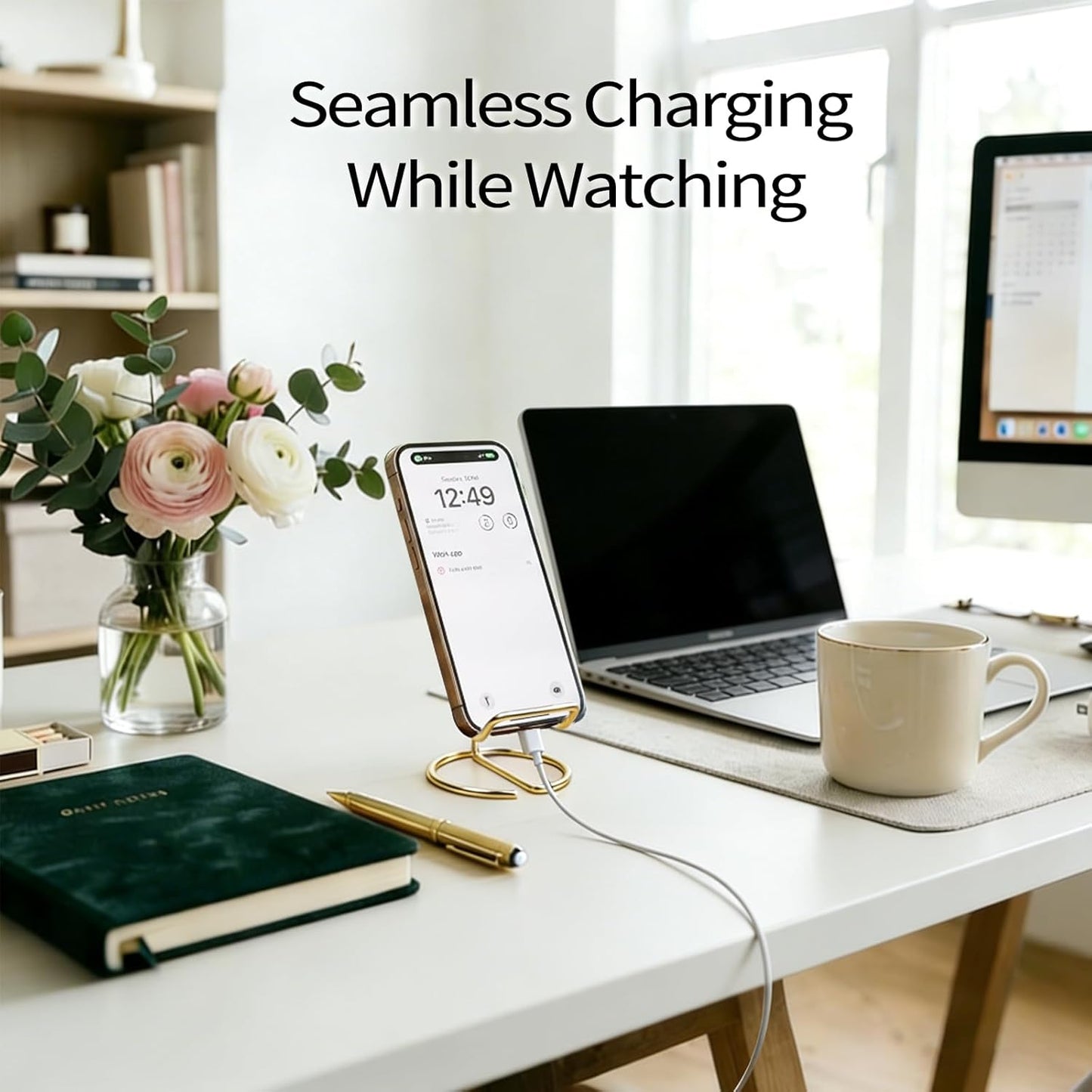 Phone Stand for Desk, Sturdy Metal Gold-Plated Phone Stand for Office Desk, Hands-Free Phone Charging Holder for Phone Calling and Watching Videos