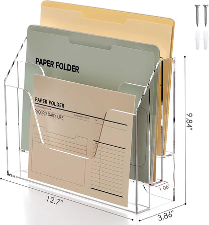 Wall Hanging File Folder Organizer for Desk, 3-Tier Acrylic Magazine Rack Wall Mount File Holder, Clear Paper Document Office Organizer - 1 Pack