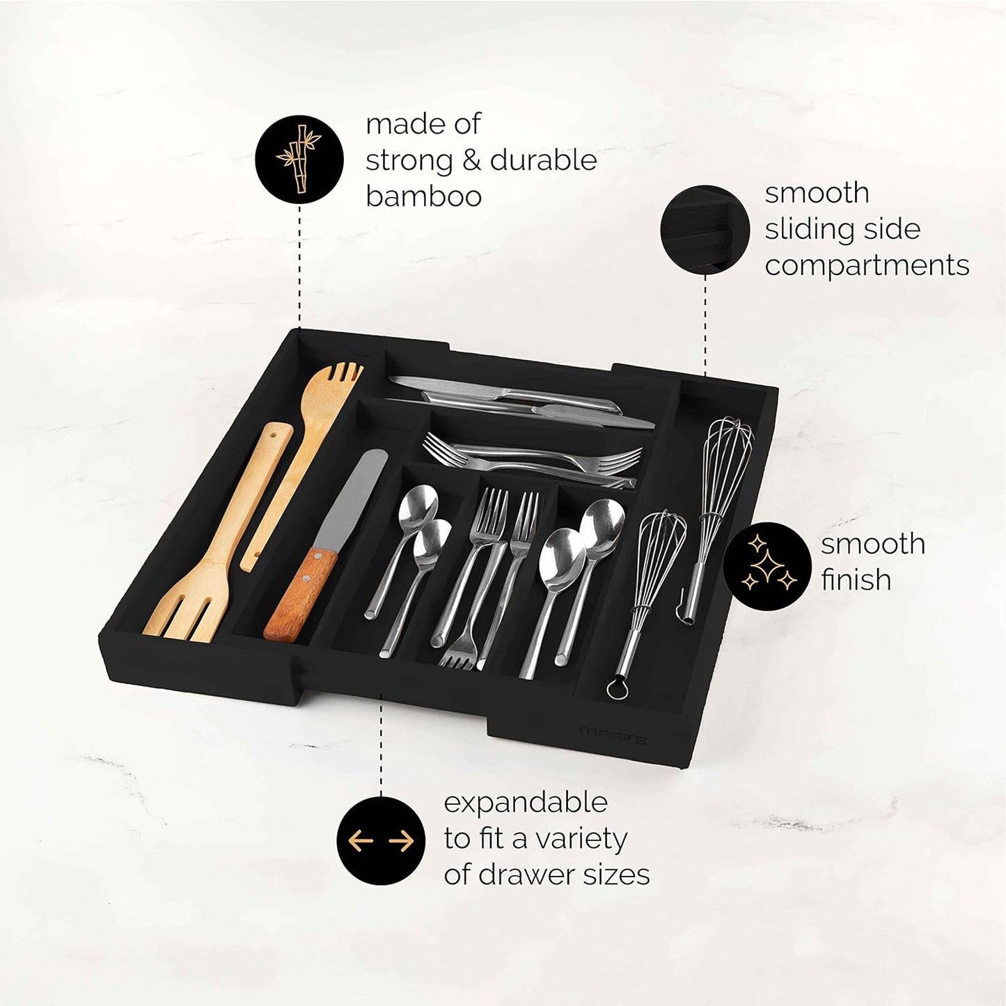 Masirs Expandable Utensil Drawer Organizer - BPA-Free Plastic Clear Silverware Tray with Multiple Compartments - Non-Slip Cutlery Storage for Kitchen, Bathroom, or Office Drawers (Clear)