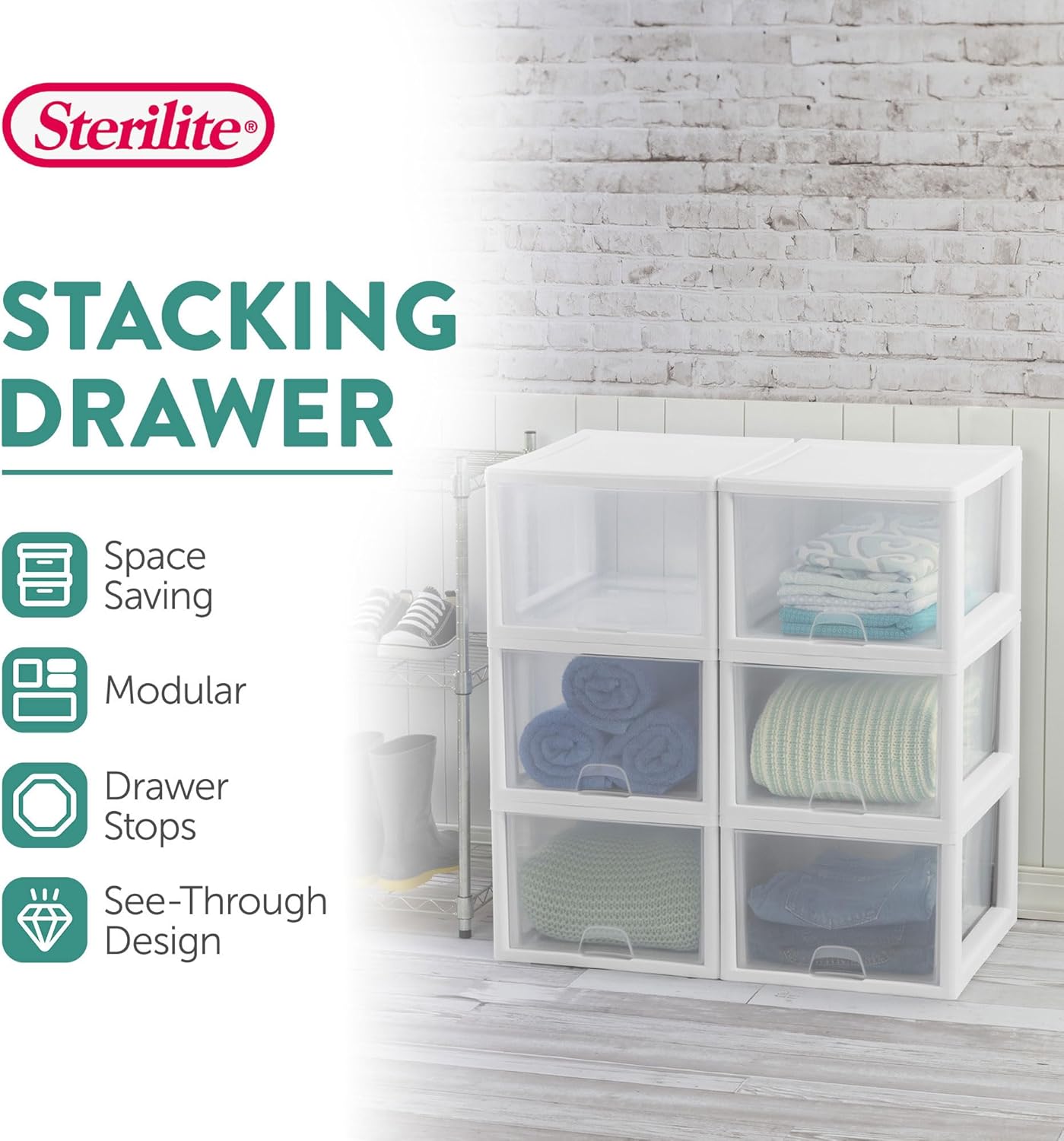 Sterilite 6-Pack 6 Quart Stacking Drawer, Clear Storage Closet Organizer, White Frame - Stackable Modular Plastic Drawers for Clothes, Accessories, Craft Supplies, Shoes or Linens