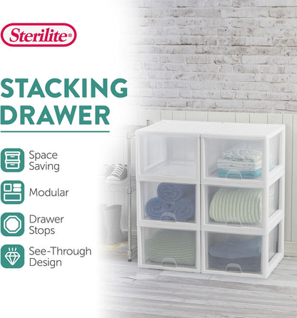 Sterilite 6-Pack 6 Quart Stacking Drawer, Clear Storage Closet Organizer, White Frame - Stackable Modular Plastic Drawers for Clothes, Accessories, Craft Supplies, Shoes or Linens