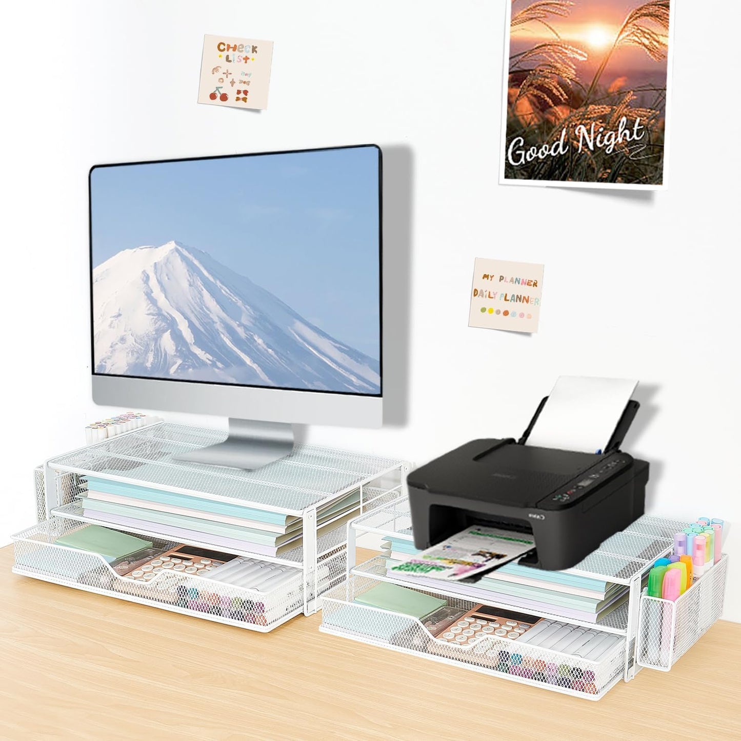 AUPSEN Wood Desk Organizers and Accessories, 2-Tier Computer Monitor Stand Riser with Drawer, Pen Storage & Phone Holder, Office Desk Accessories, Workspace Desktop Organization for Office Supplies（Brown）