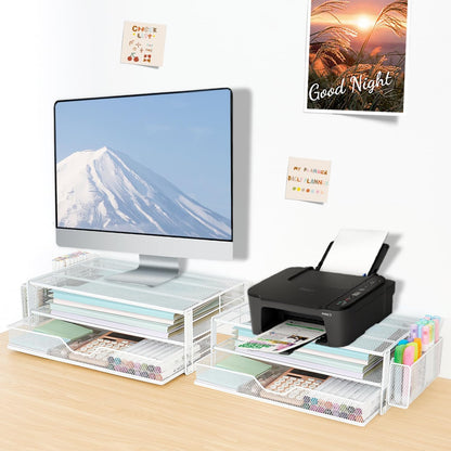 AUPSEN Wood Desk Organizers and Accessories, 2-Tier Computer Monitor Stand Riser with Drawer, Pen Storage & Phone Holder, Office Desk Accessories, Workspace Desktop Organization for Office Supplies（Brown）