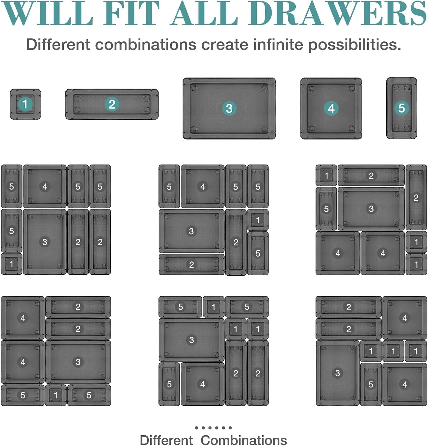 StorMiracle 16 PCS Drawer Organizer Set, 5 Varied Size Bathroom and kitchen Drawer cabinet organizer Trays, Clear Storage Bins for Makeup, Jewelry, Utensils and Gadgets