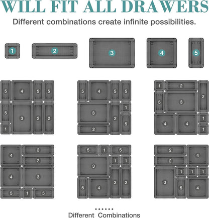StorMiracle 16 PCS Drawer Organizer Set, 5 Varied Size Bathroom and kitchen Drawer cabinet organizer Trays, Clear Storage Bins for Makeup, Jewelry, Utensils and Gadgets