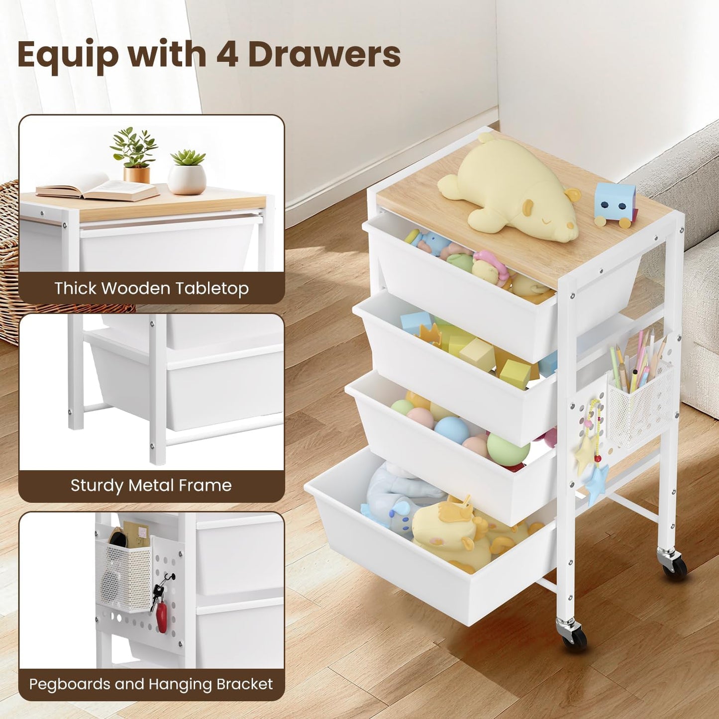 Rolling Cart with 3 Drawers, Plastic Drawer Storage Carts with Lockable Wheels & Wooden Tabletop, Metal Utility Cart Organizer, Office Bedroom Classroom Craft Organization and Storage, Bright White