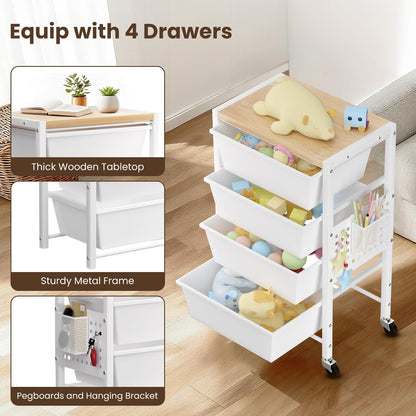 Rolling Cart with 3 Drawers, Plastic Drawer Storage Carts with Lockable Wheels & Wooden Tabletop, Metal Utility Cart Organizer, Office Bedroom Classroom Craft Organization and Storage, Bright White