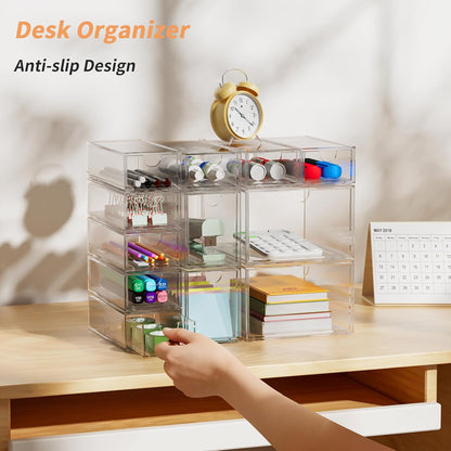 12 Pack Clear Stackable Storage Drawer Set, 3 Sizes (8 Small/2 Medium/2 Large) Modular Acrylic Drawer Organizer, Makeup Organizer for Vanity, Bathroom, Kitchen Cabinet, Desk, Undersink, Pantry, Office
