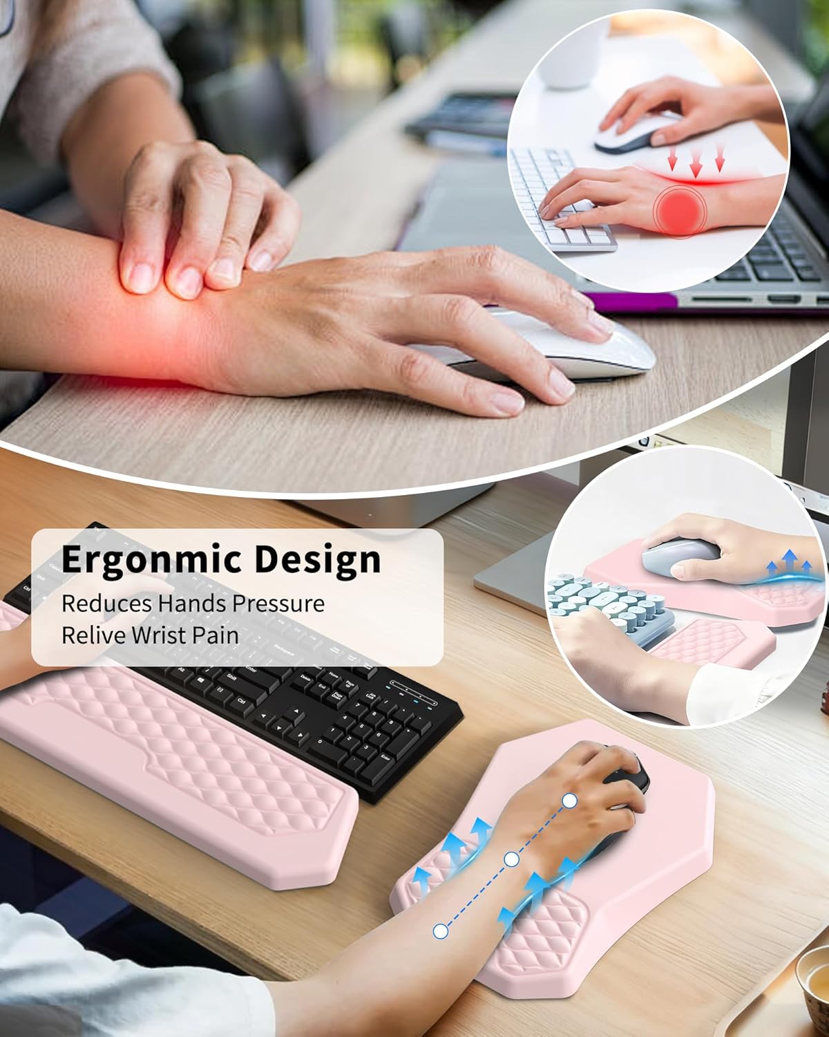Ergonomic Mouse Pad and Keyboard Wrist Rest Support Set, Massage Design Mousepad for Carpal Tunnel Pain Relief, Memory Foam, Non-Slip PU Base for Computer Desk, Baby Blue