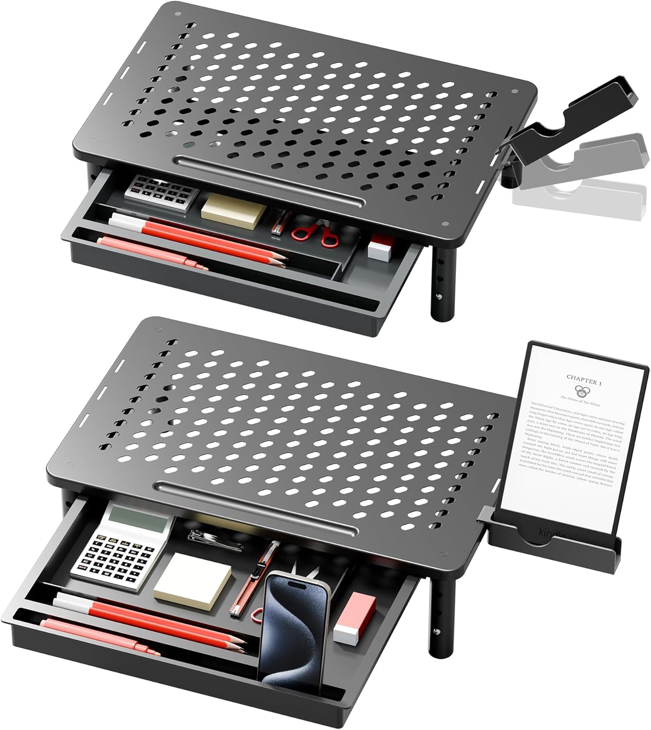 Computer Monitor Stand Riser for Desk, 3 Height Adjustable PC Laptop TV Desktop Monitor Stand Shelf, Metal Printer Table with Phone Holder, Stand Riser for Desk, Office Desk Organizers and Accessories, 2 Pack