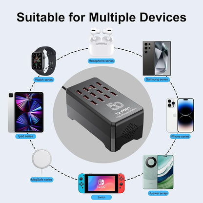 50W 12-Port USB Charging Station for Multiple Devices-Portable USB Charging Hub Compatible with iPhone, Android, Tablet, AirPods & More-Compact Charger Block for Home, Office & Entrepreneur.