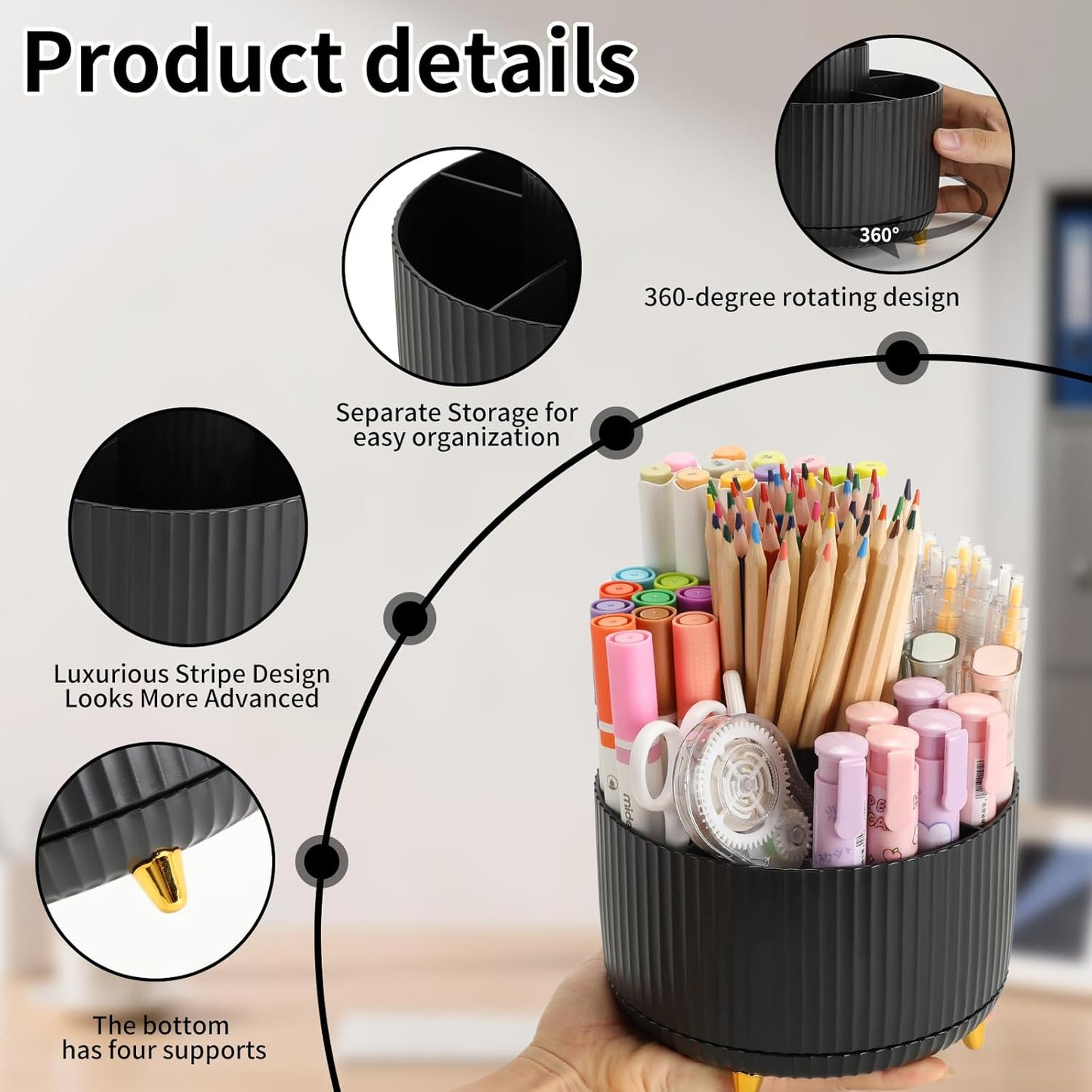 Camelmother Pen Holder For Desk With 5 Slots 360°Rotating Pencil Holder Makeup Organiezr Teacher Supplies Office decor (purple)