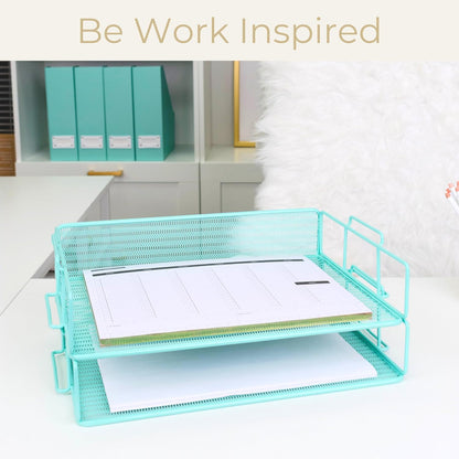BLU MONACO | Paper Tray Stackable Gold Mesh Set of 2 | Stackable File Trays for Desk Organization | Tiered Desk Organizer with Metal Letter Trays