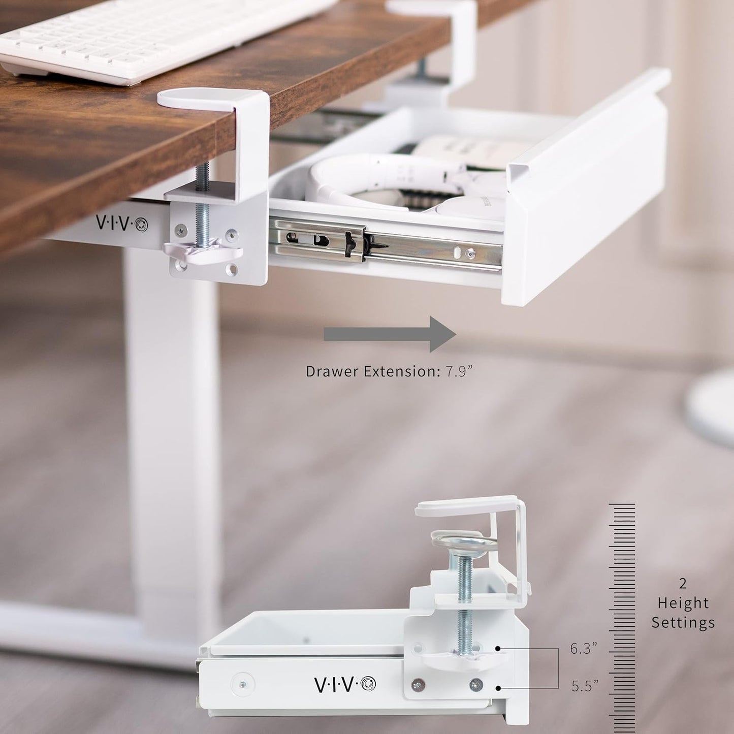 VIVO 16 inch Clamp-On Sliding Pull-out Drawer without Shell for Office Desk, Storage Organizer for Sit Stand Workstation, White, DESK-AC03C-W