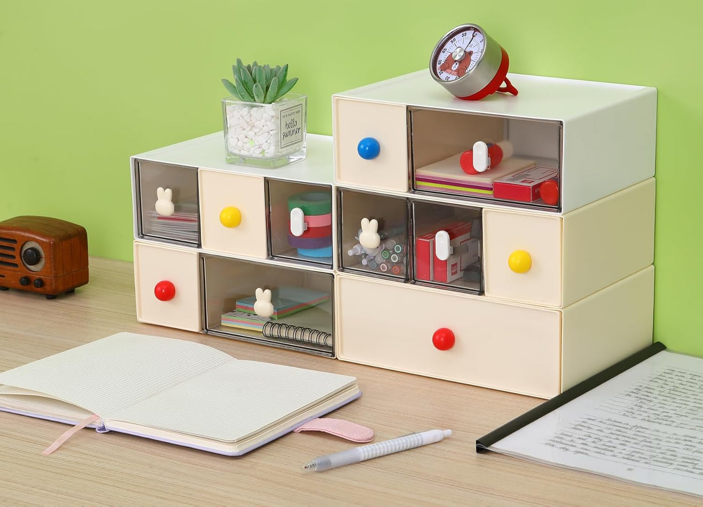 Desktop Storage Drawers, Plastic Desk Organizer with 3 Drawers, Modular Stackable Toolbox Units for Office Stationary, Makeup Container, Bathroom Countertop (1 Tall Layer, Cream & Clear)