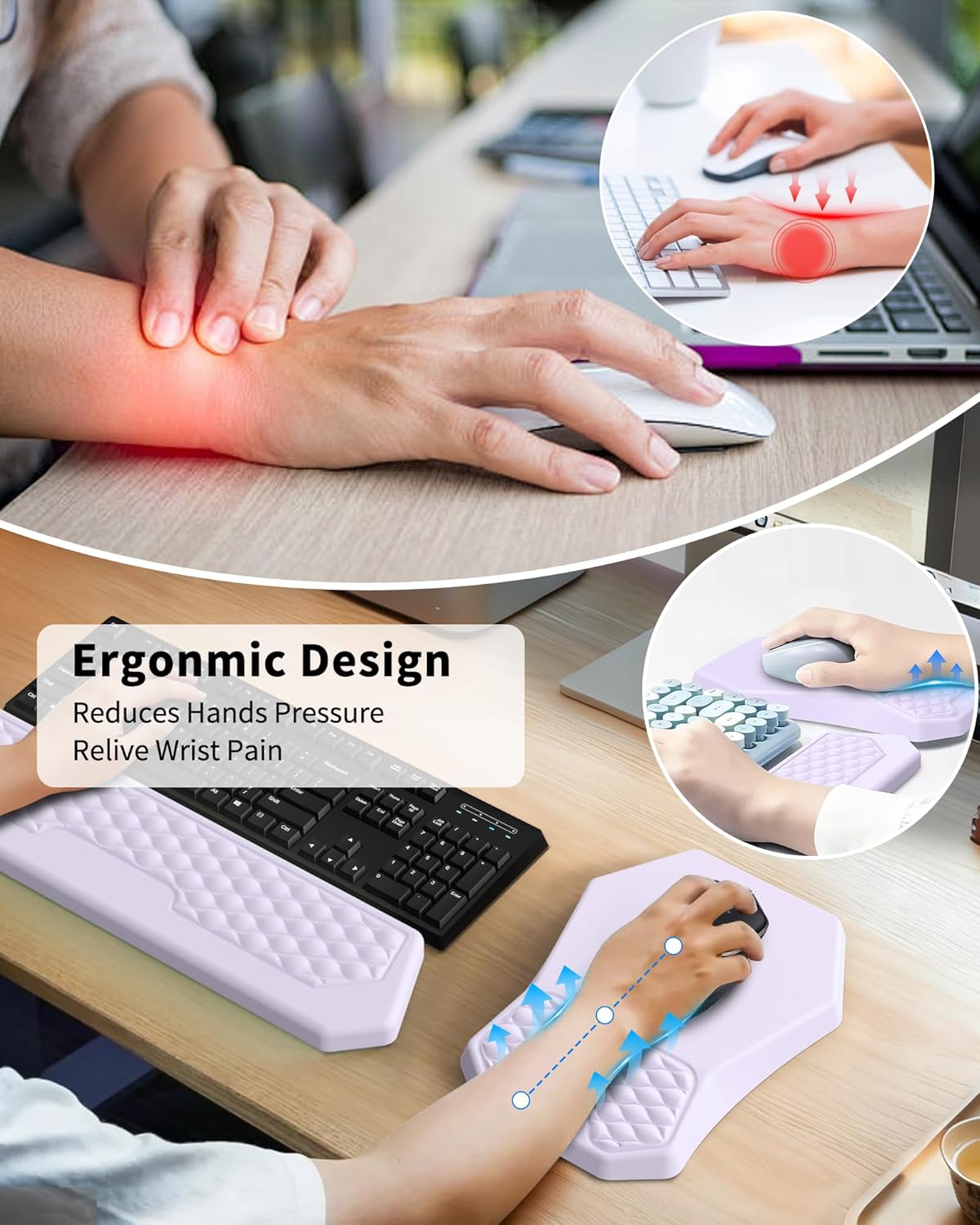 Ergonomic Mouse Pad and Keyboard Wrist Rest Support Set, Massage Design Mousepad for Carpal Tunnel Pain Relief, Memory Foam, Non-Slip PU Base for Computer Desk, Baby Blue