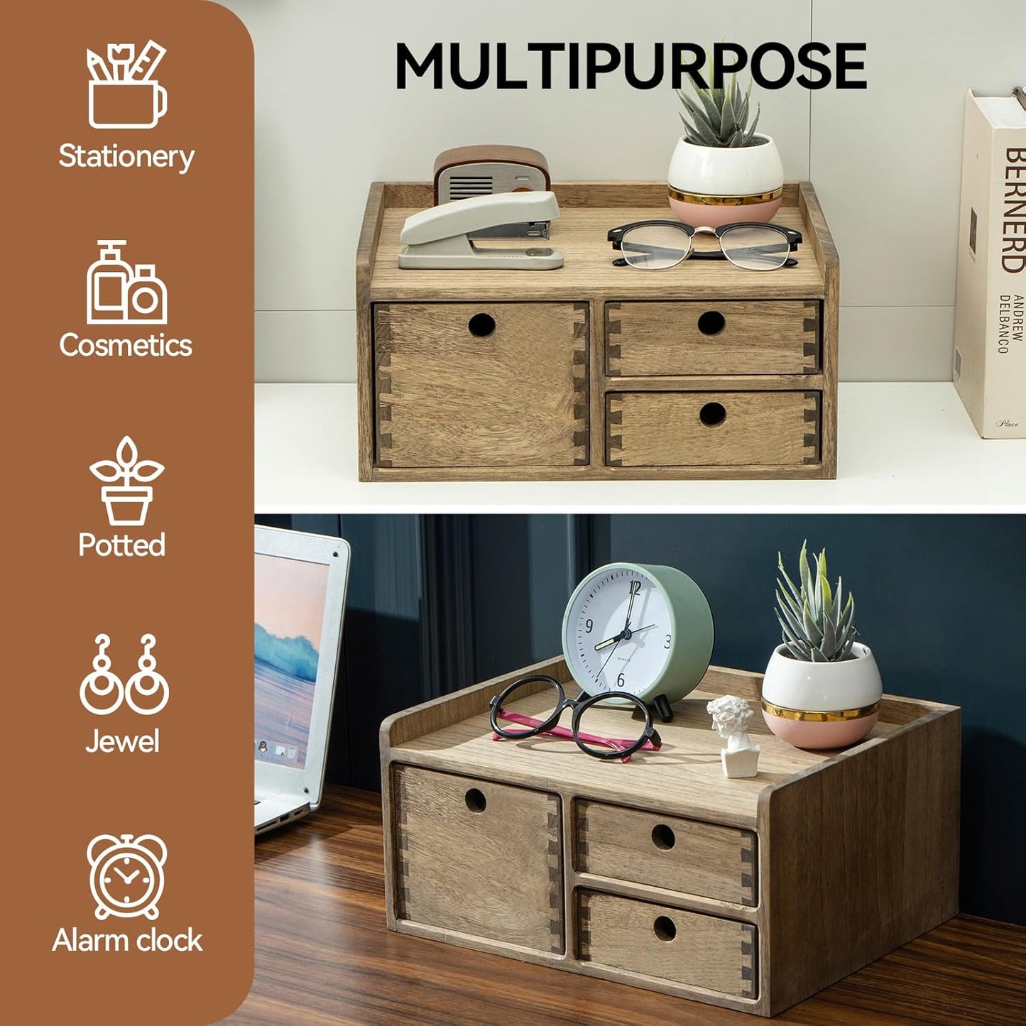 KIRIGEN Wooden Desktop Organizer Paper Storage Letter Tray File Sorter - Desk Rack Magazine File Dividers Holders for Home Office Accessories Wood Desk Cabinet with 3 Layer Trays Natural(3KWJG-NA)
