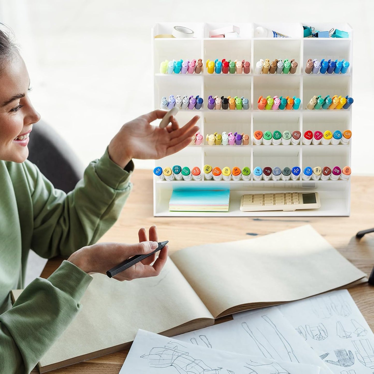 MotiMind Acrylic Pen Organizer Storage for 250 Markers Vertical Marker Organizer Acrylic Pen Display Holder for Office Desk Desktop Stationery Pencil Storage, Clear, 13 x 4 x 12.4 Inch