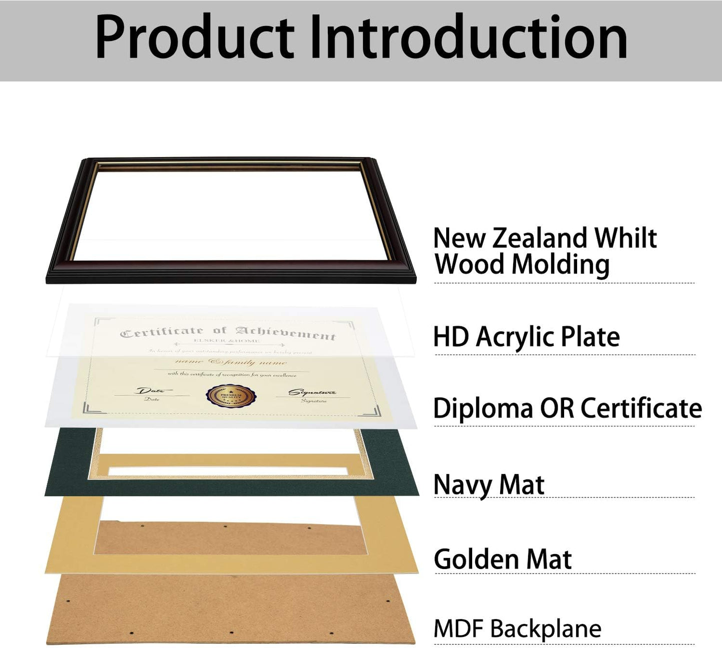 ELSKER&HOME Diploma Frame - Wide Solid Wood Frame - Black Velvet Golden Rim Mat - Semi-Tempered Glass - Includes Hanging Hardware and Desktop Easel(ONLY Display 11×14 Document/Certificate)