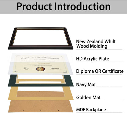 ELSKER&HOME Diploma Frame - Wide Solid Wood Frame - Black Velvet Golden Rim Mat - Semi-Tempered Glass - Includes Hanging Hardware and Desktop Easel(ONLY Display 11×14 Document/Certificate)