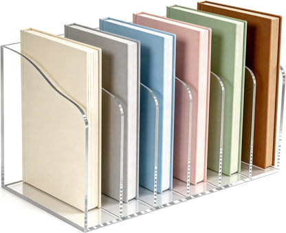 Acrylic Magazine File Holder, 6 Vertical Compartments Clear Acrylic File Organizer, Desktop Document Sorter & Bookend for Office/Home/Classroom, Storage for Documents, Books, Tablets & Accessories