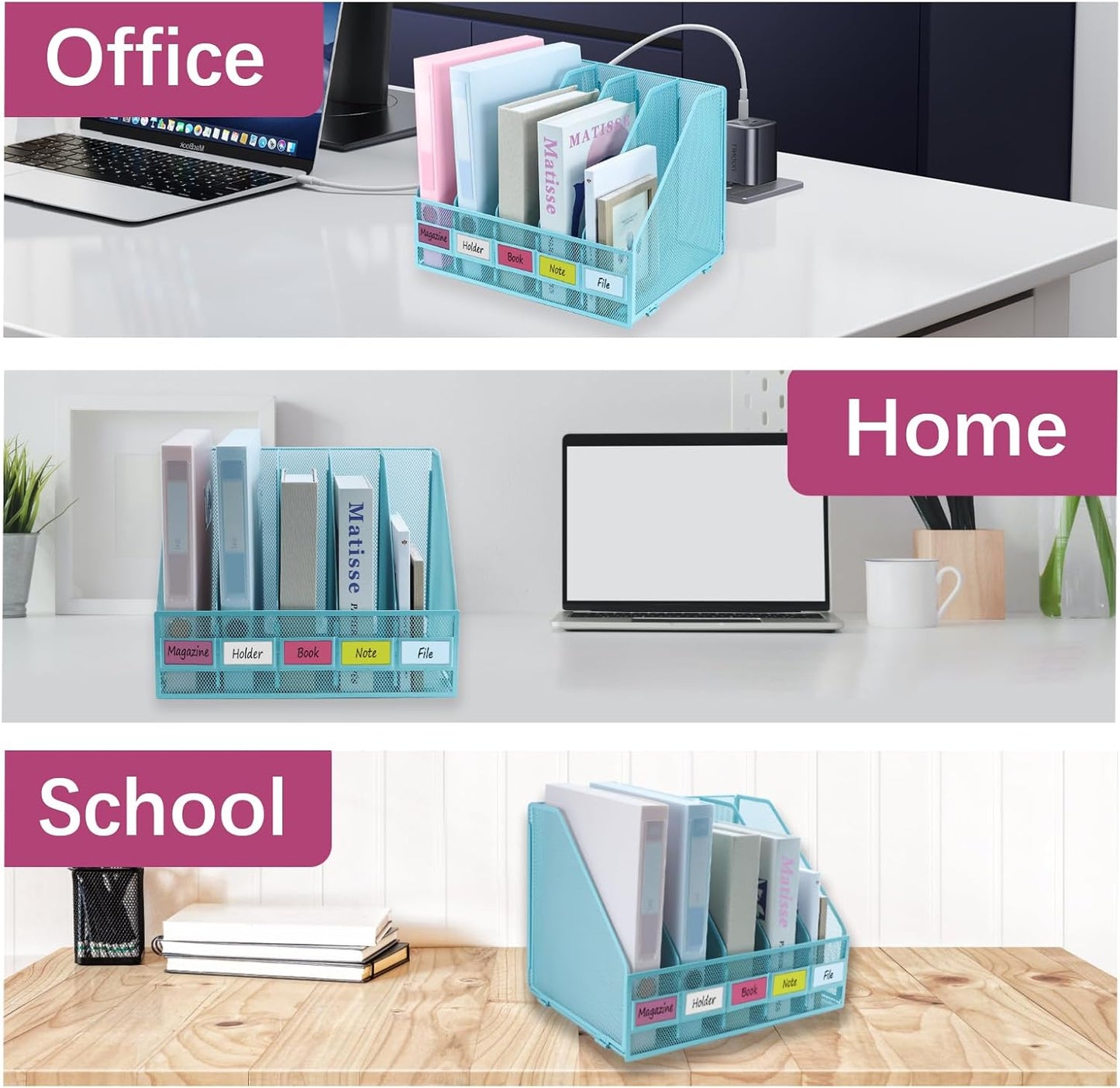 Desk Organizers, Metal Magazine File Holder with 5 Vertical Compartments Rack Binder File Organizer for Office Supplies, Home Workspace - Black