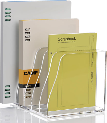 YUXUN Clear Acrylic File Folder Holder - 4 Vertical Compartments Desk Document Sorter, Upright Magazine Rack for Office/Home/Classroom, Stores Documents, Tablets, Magazines, Books & Accessories