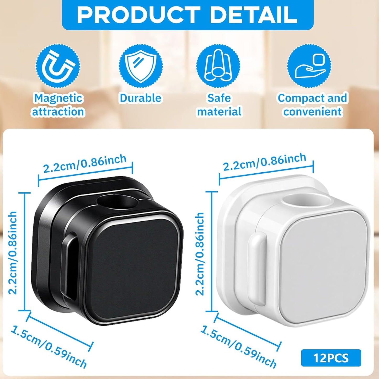 Magnetic Cord Organizer, 12 Pack (6 Black + 6 White), Strong Adhesive Cable Management Clips for Desk, Nightstand, Office & Car